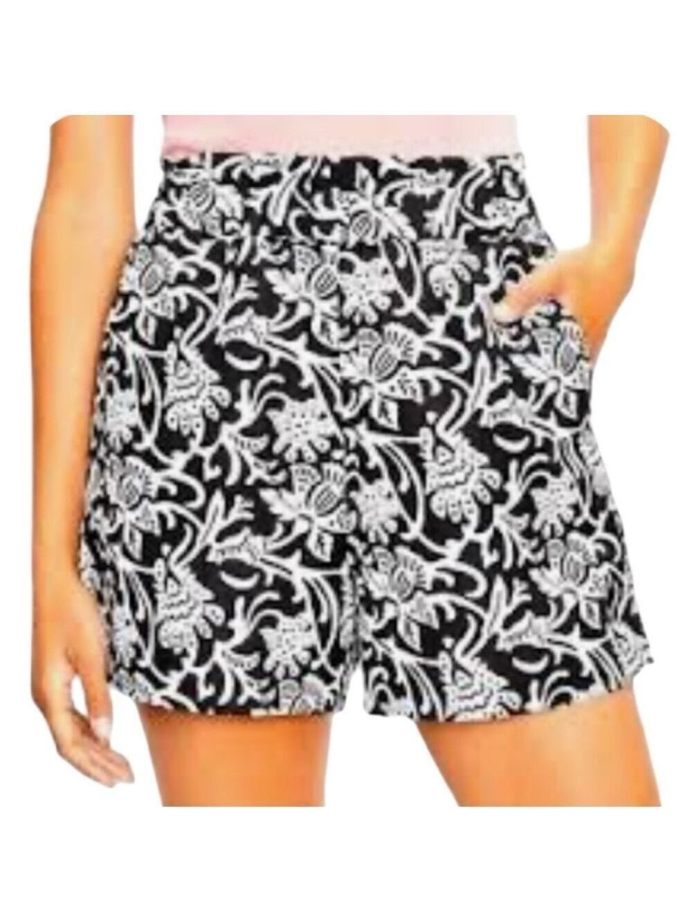 Loft Linen Blend Black and White Floral Paper Bag Shorts Size Medium